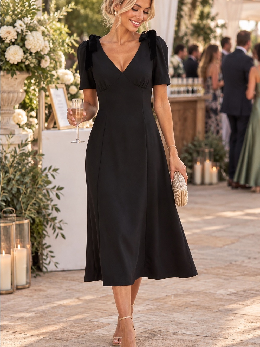 Astr Elegant Black V-Neck Midi Dress with Shoulder Bows MSRP $158